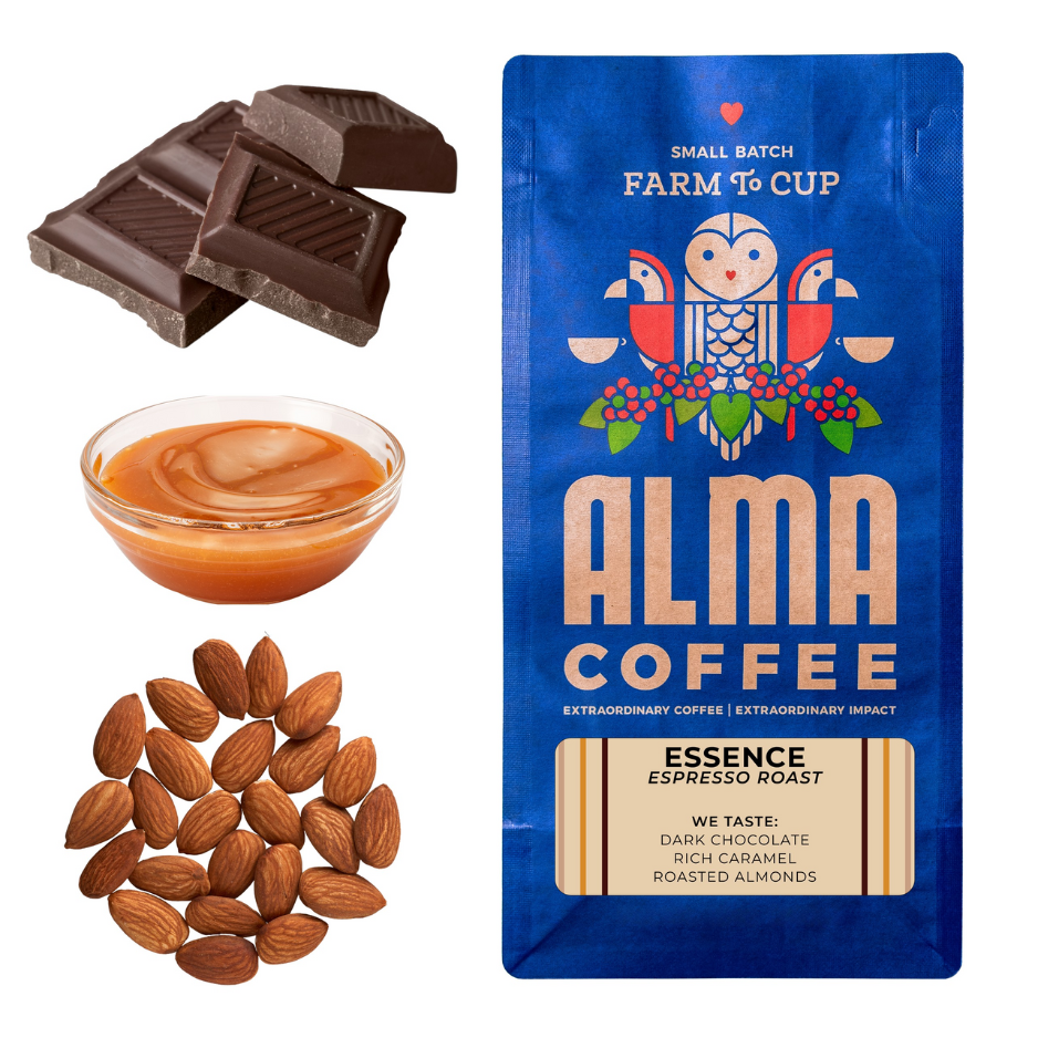 Alma Coffee package with chocolate, caramel, and almonds on a white background