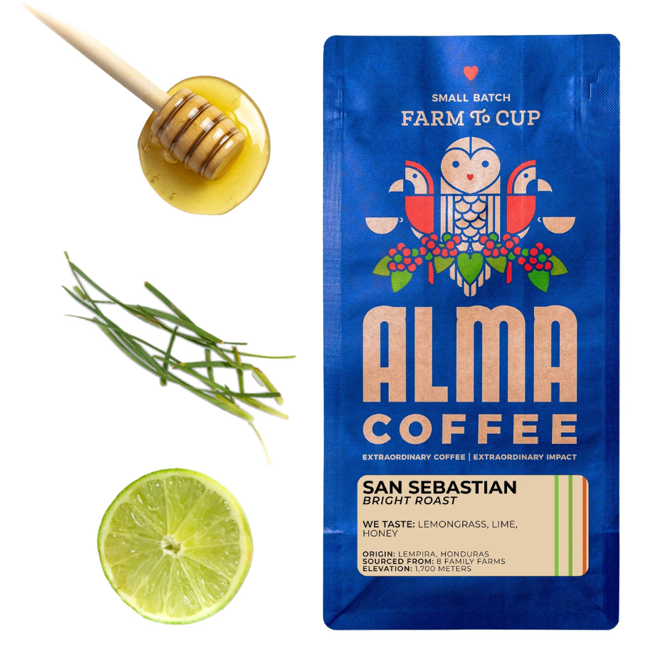 Alma Coffee package with lemon, lime, and honey on a white background