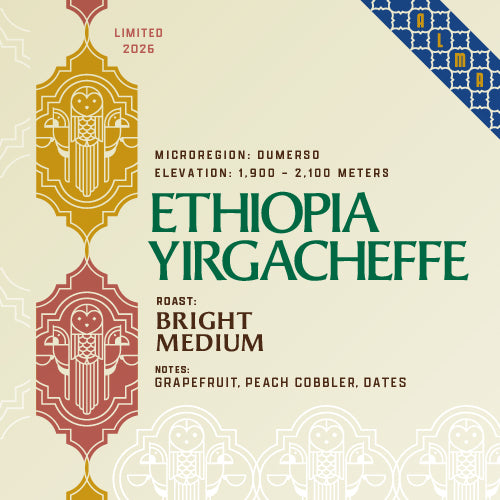 Coffee label design for Ethiopia Yirgacheffe, with ornate geometric owl motifs in gold, red, and blue on a warm cream background. Text includes limited 2026, microregion Dumerso, elevation 1,900 - 2,100 meters, roast Bright Medium, and notes grapefruit, peach cobbler, and oates.