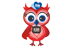 Cartoon owl sipping coffee from black Alma Coffee mug