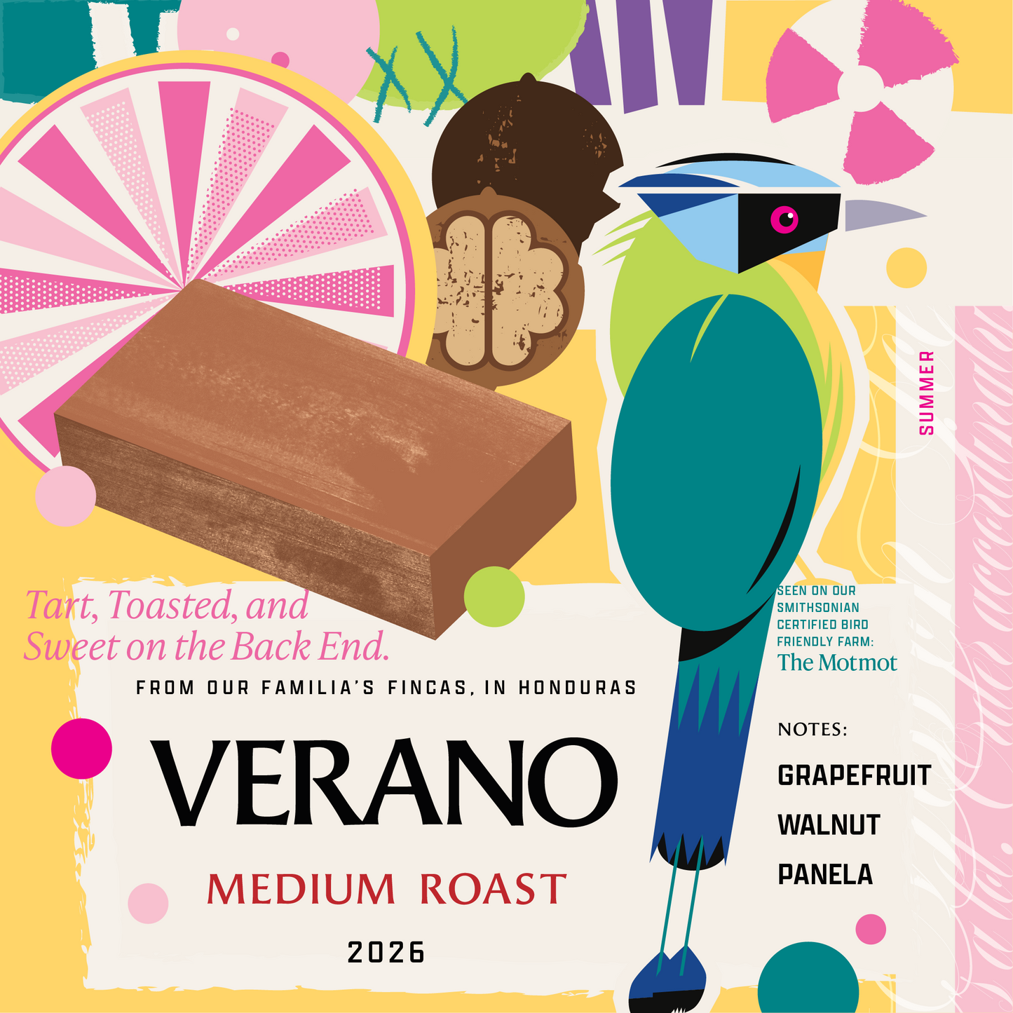 Verano coffee packaging with colorful design elements and a bird illustration.