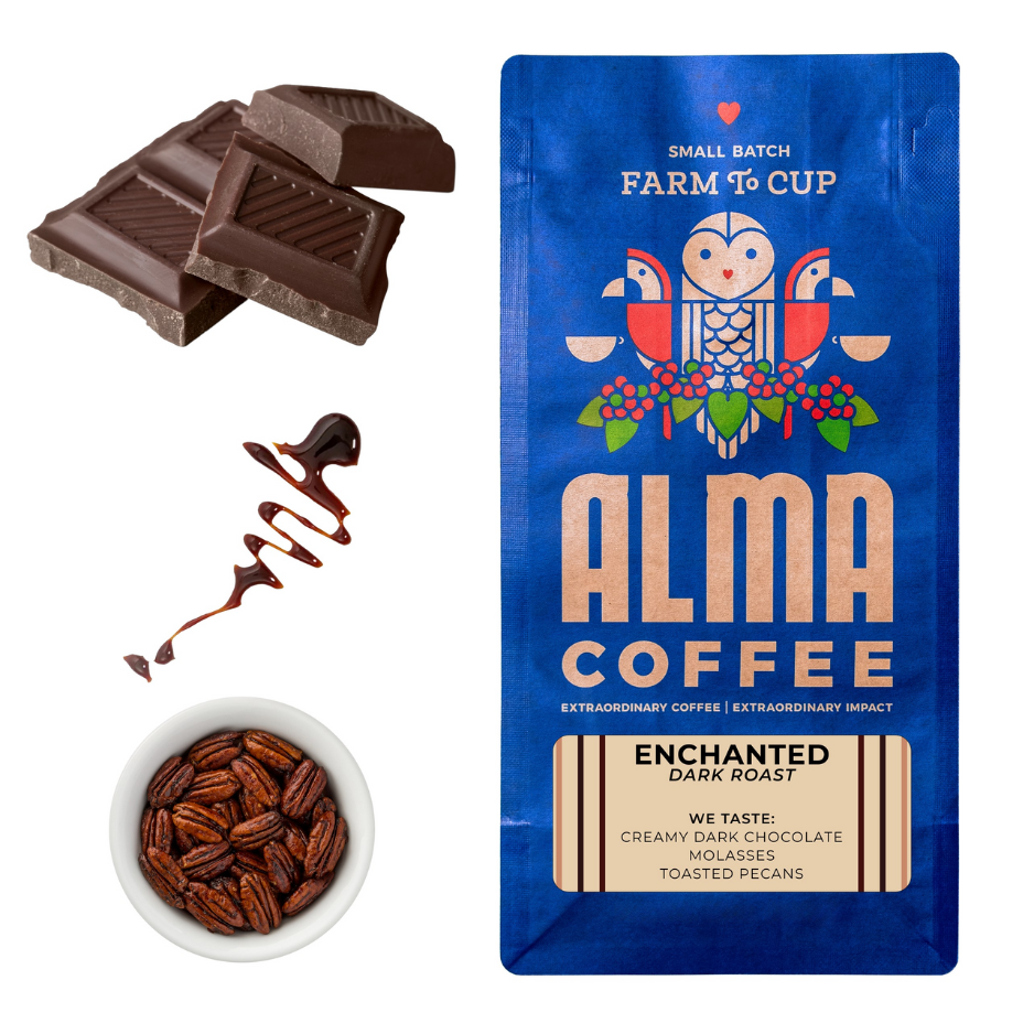Alma Coffee package with chocolate, pecans, and a chocolate bar on a white background
